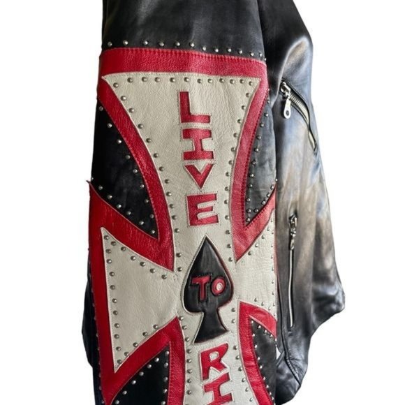 Tribe America Mens Moto Jacket Coat Leather Iron Cross Black Sz 48 Live To Ride - Picture 6 of 13